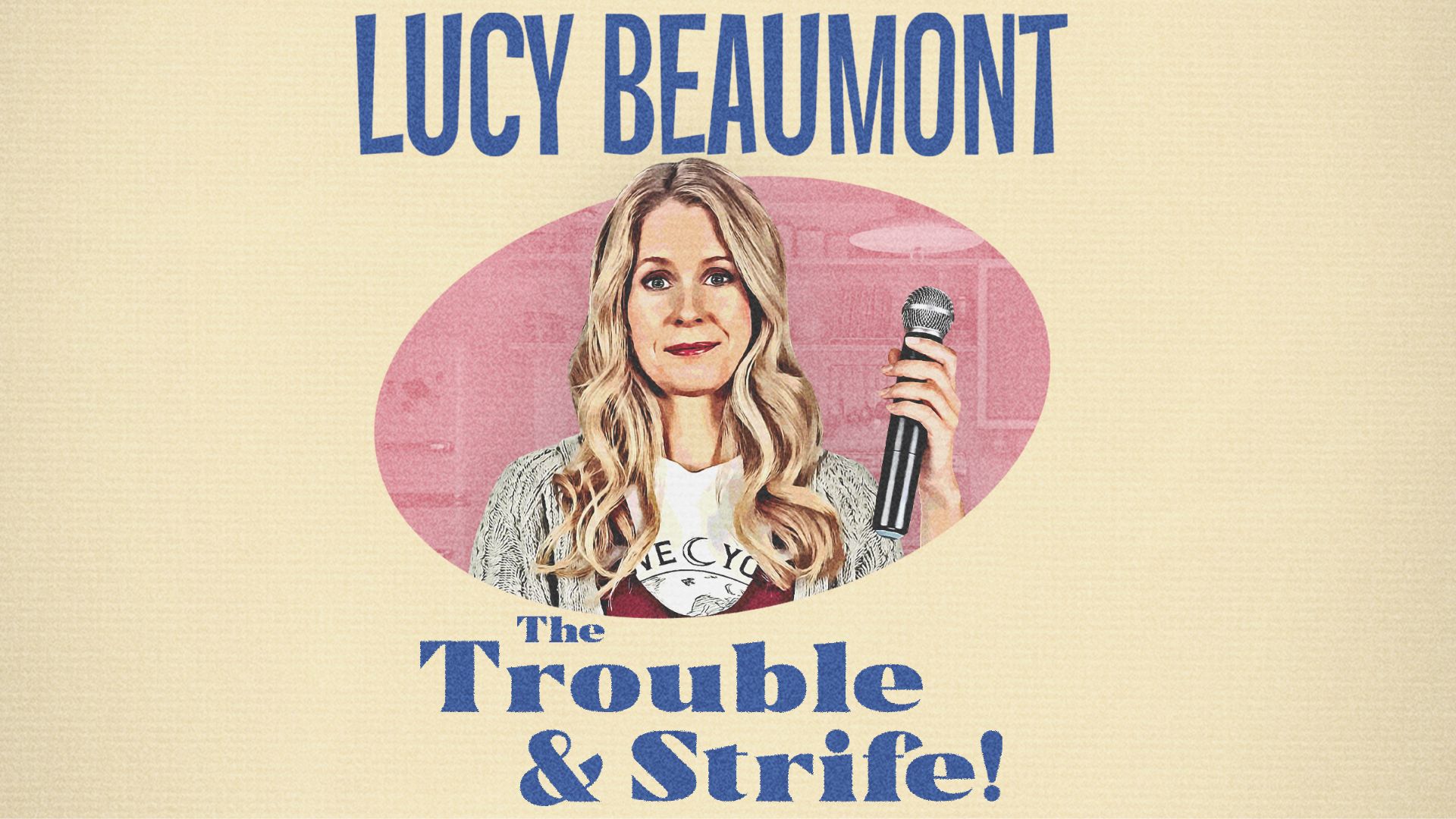Caricature of Lucy Beaumont waring a grey cardigan and white t-shirt. Holding a microphone.