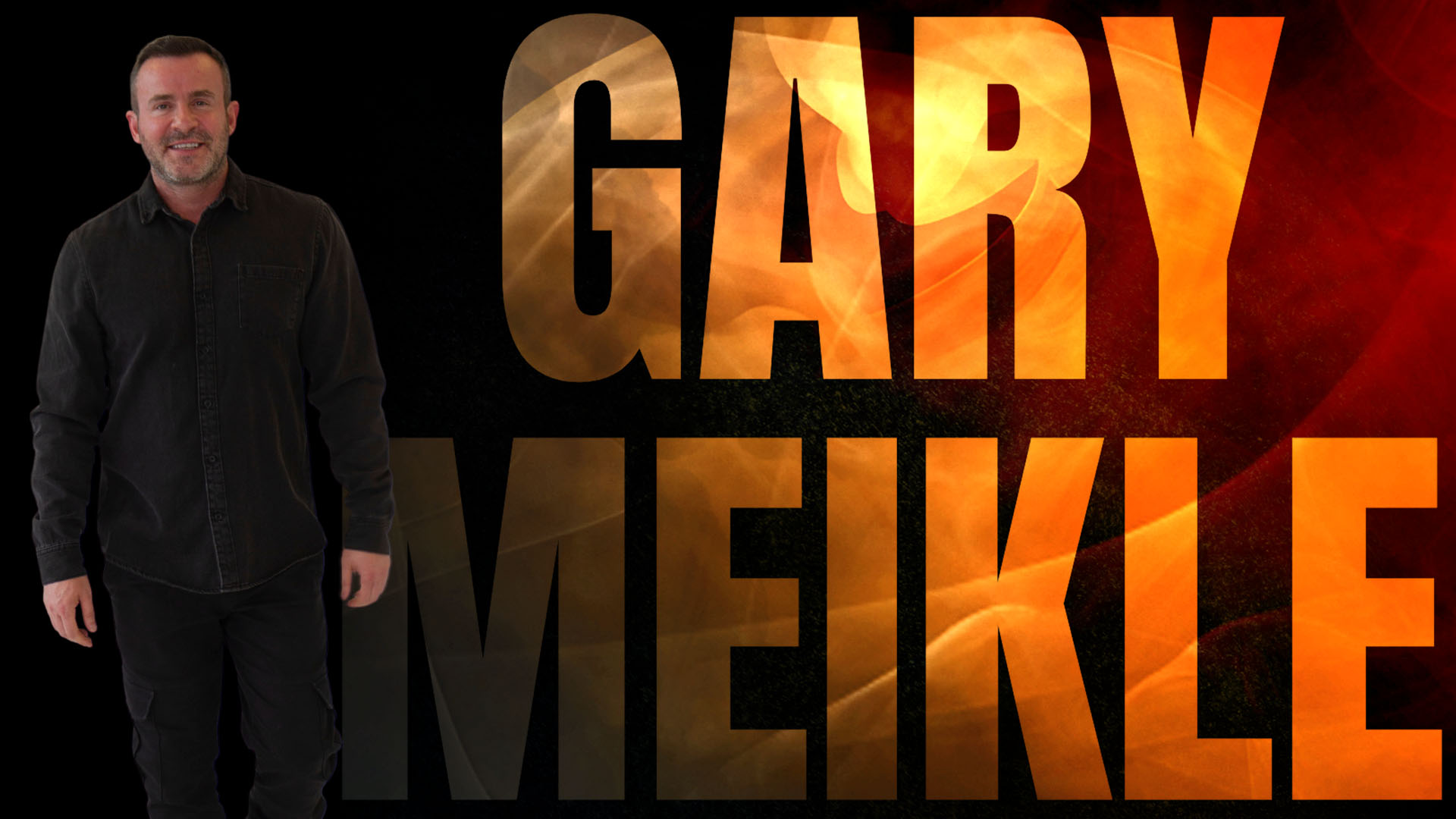 A man in dark trousers and black denim shirt walks towards the camera with the words Gary Meikle in orange next to him.