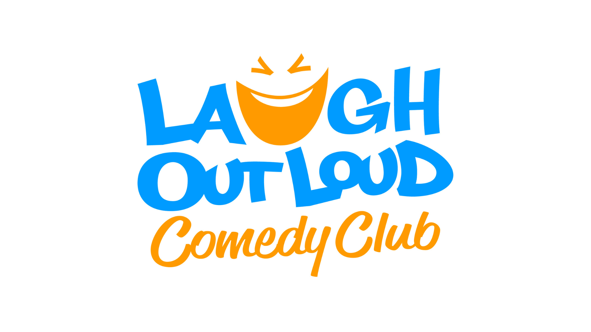 The words Laugh Out Loud Comedy Club in blue and orange on a white background