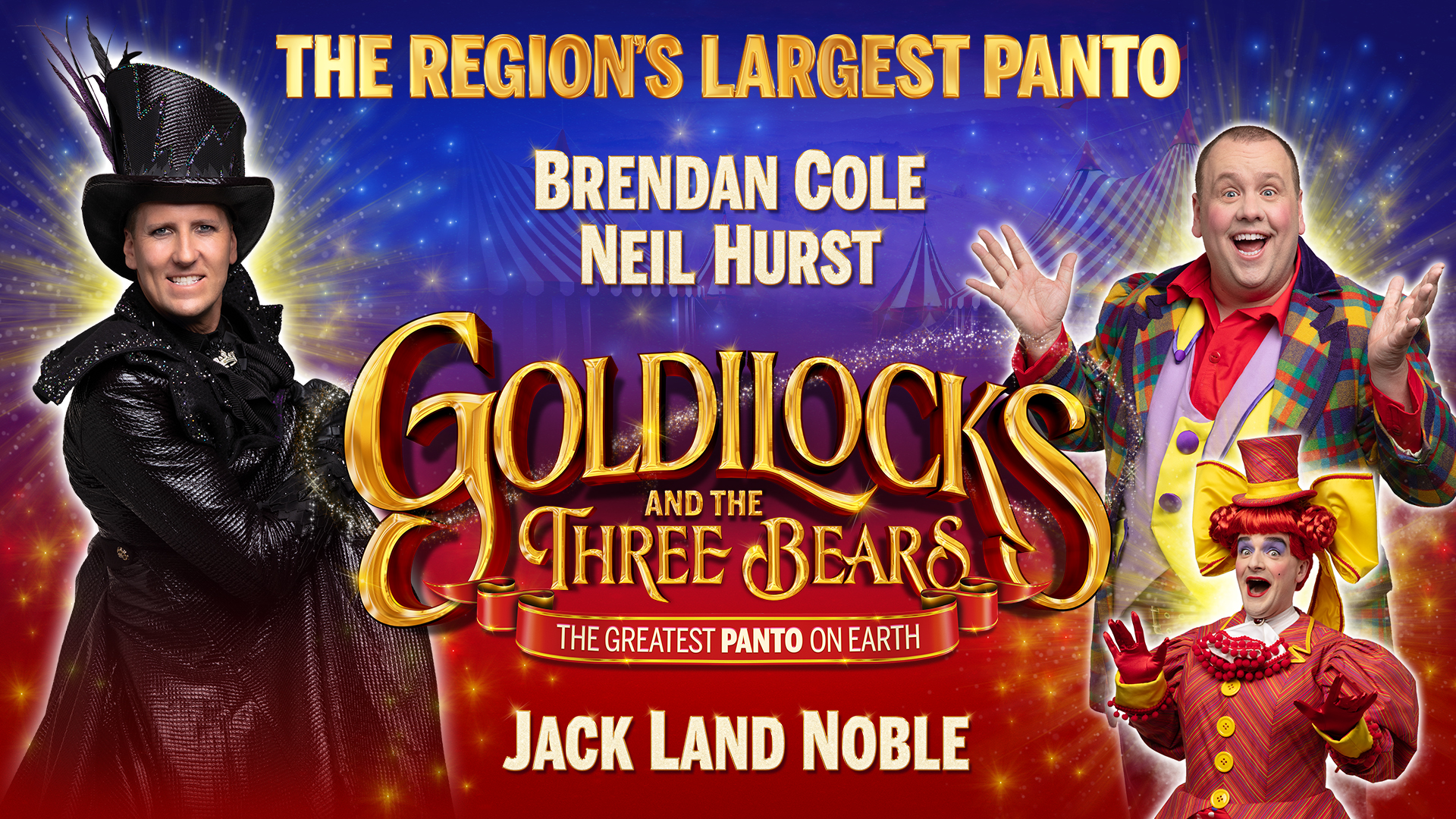 The words Goldilocks and the three bears in the centre in gold against a blue background with red and white tents behind