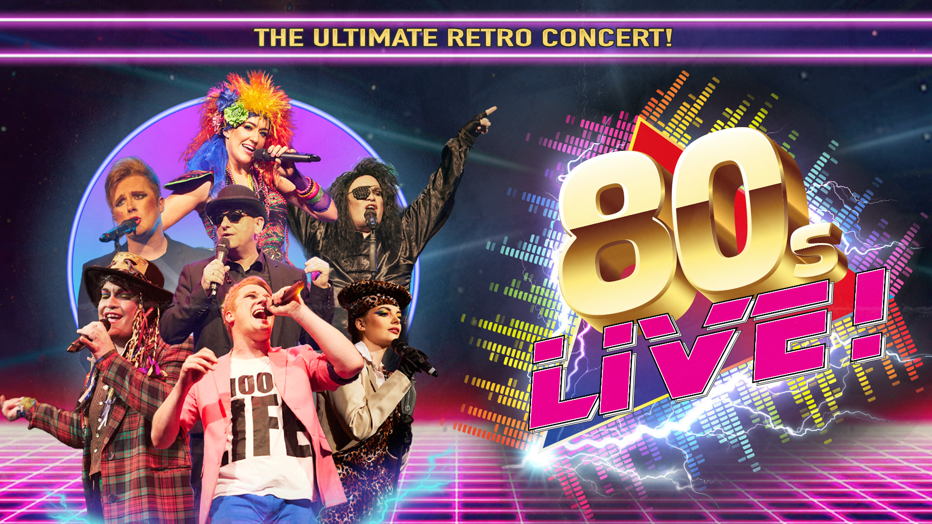 Six people in costumes resembling various 80s icons pose in front of a retro themed background
