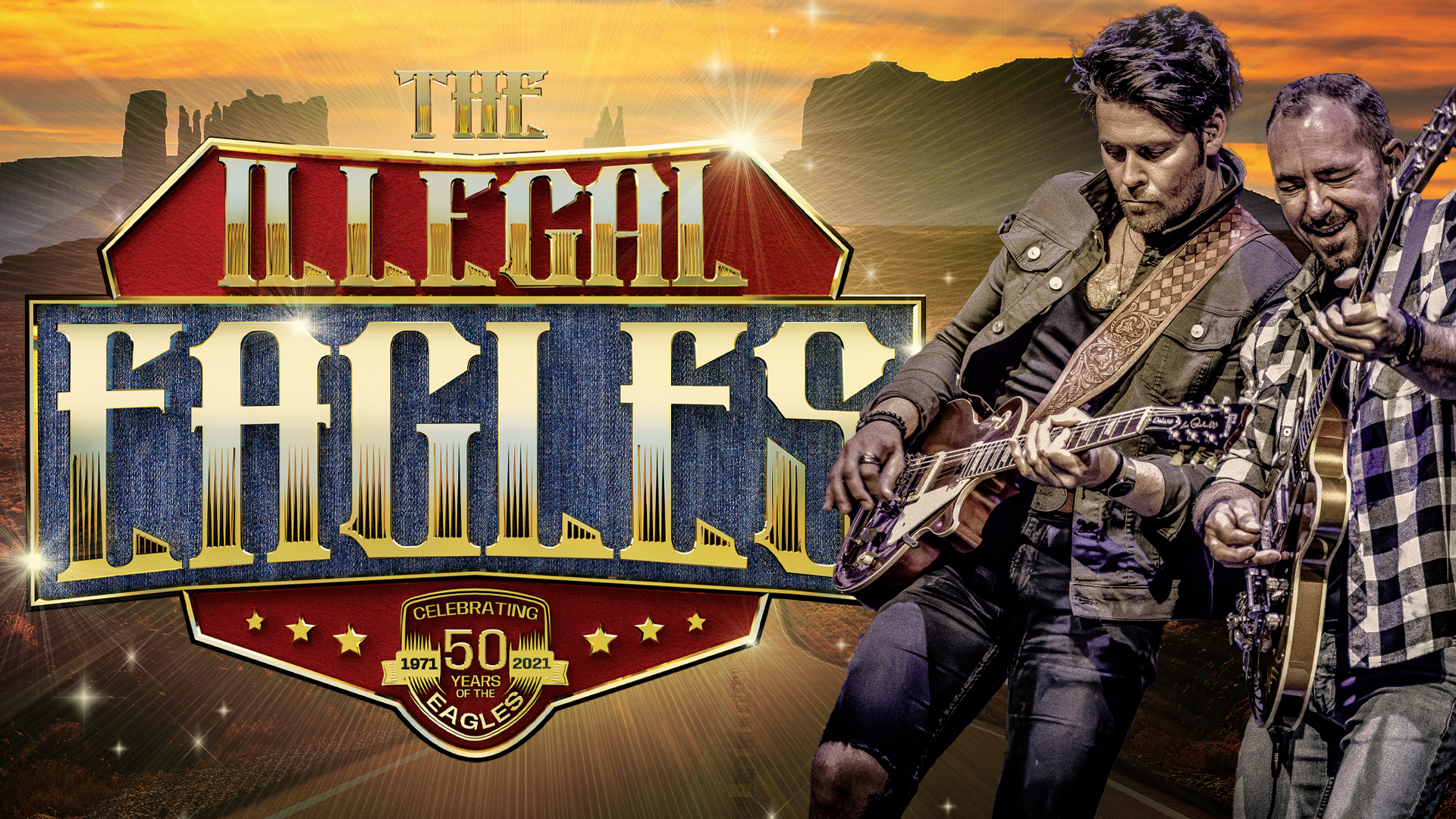 Two guitarists next to The Illagal Eagles logo 