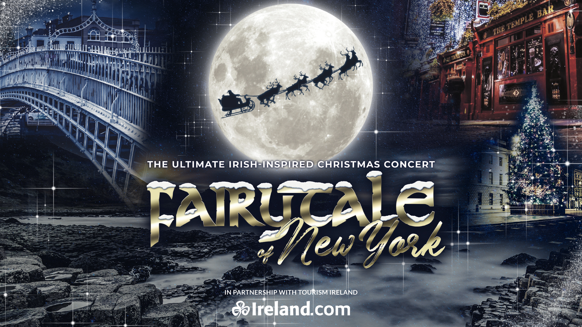 Fairytale of New York logo with Santa, sliegh and reindeers flying across the Moon