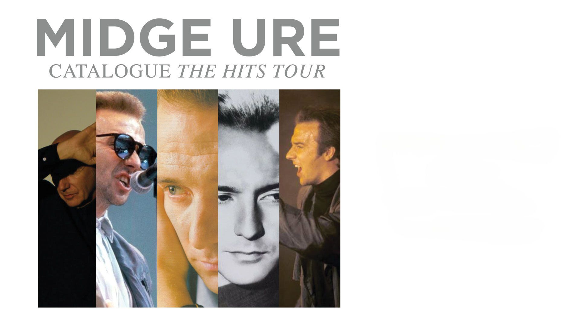 Five images of Midge Ure at various stages of his career from Ultravox to the present day