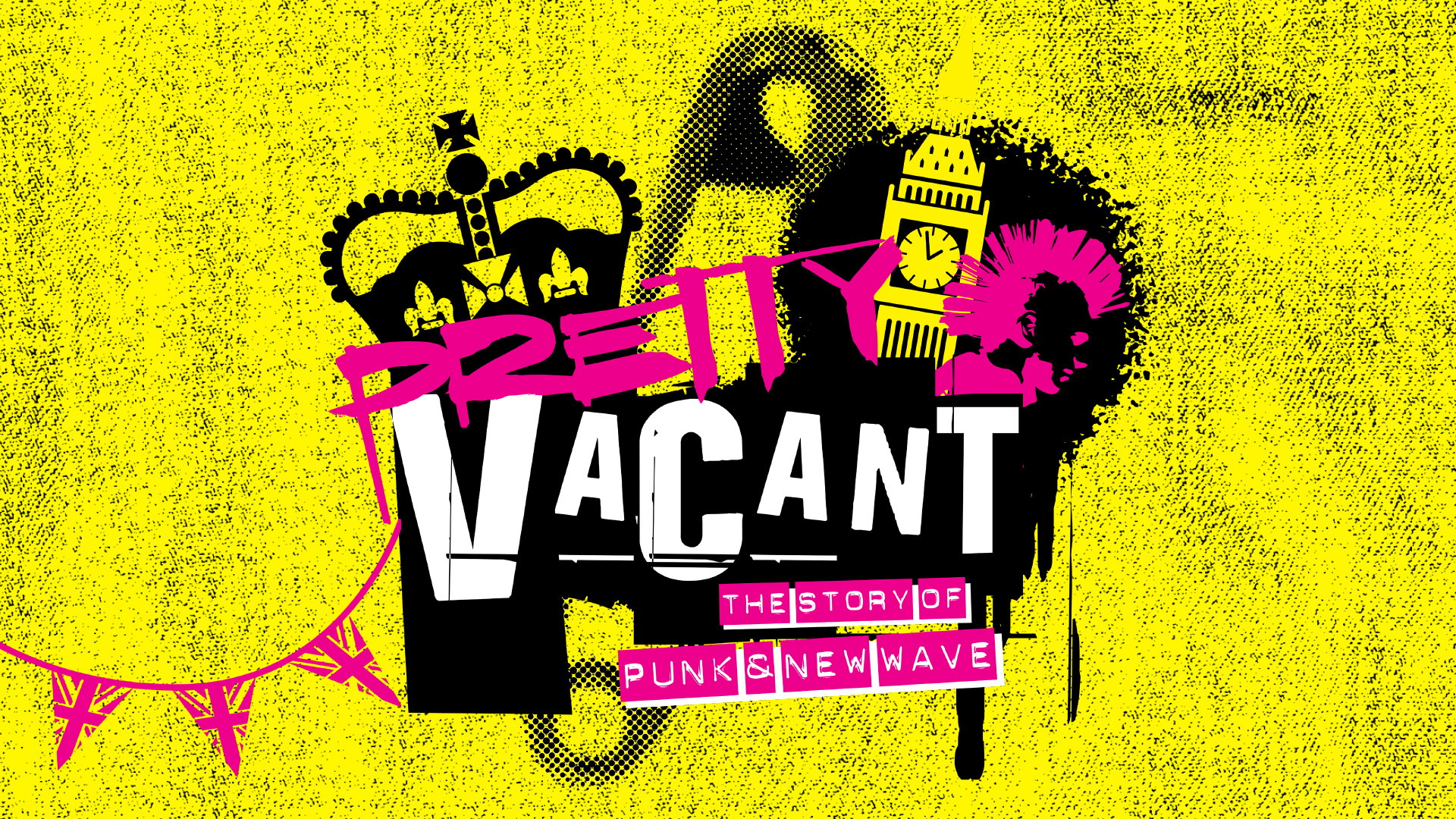 Pretty Vacant logo with a yellow background with an image of Big Ben and a safety pin