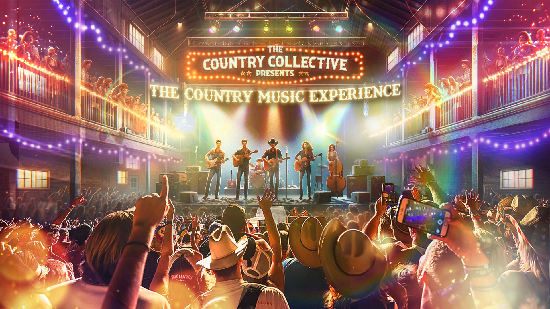 Country music singers on stage in front of a crowd of people wearing cowboy hats  and cheering with hands in the air