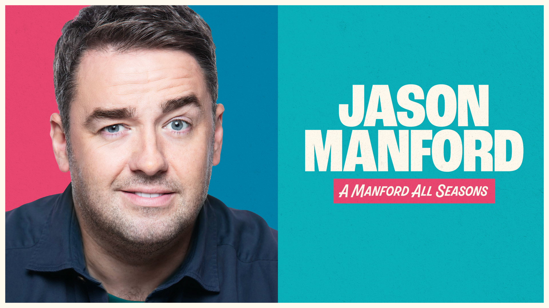 A close-up of Jason Manford with a quizzical expression in front of a colourful background