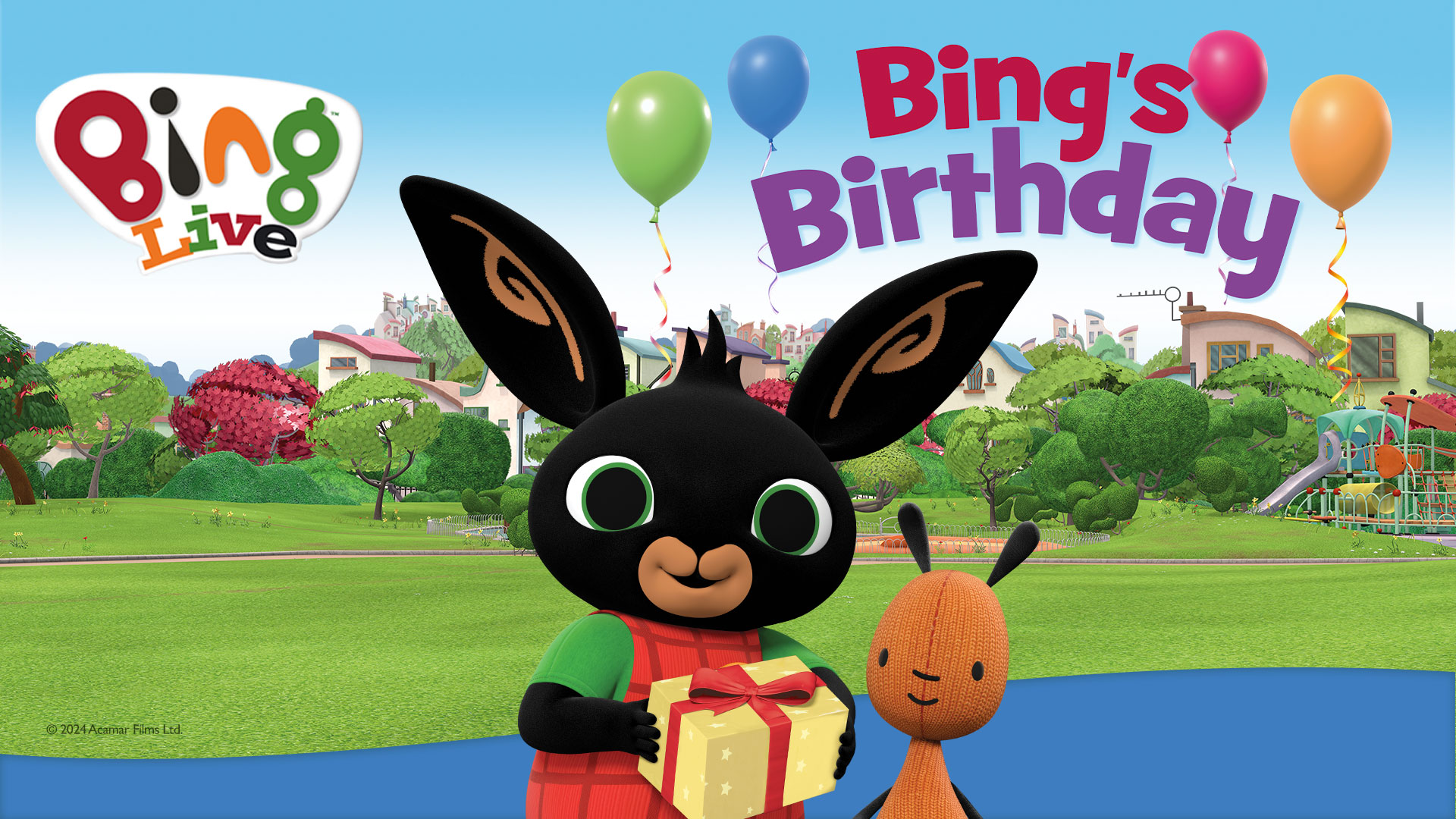 Children's TV characters Bing and Flop stood in front of a park with balloons for Bing's Birthday.