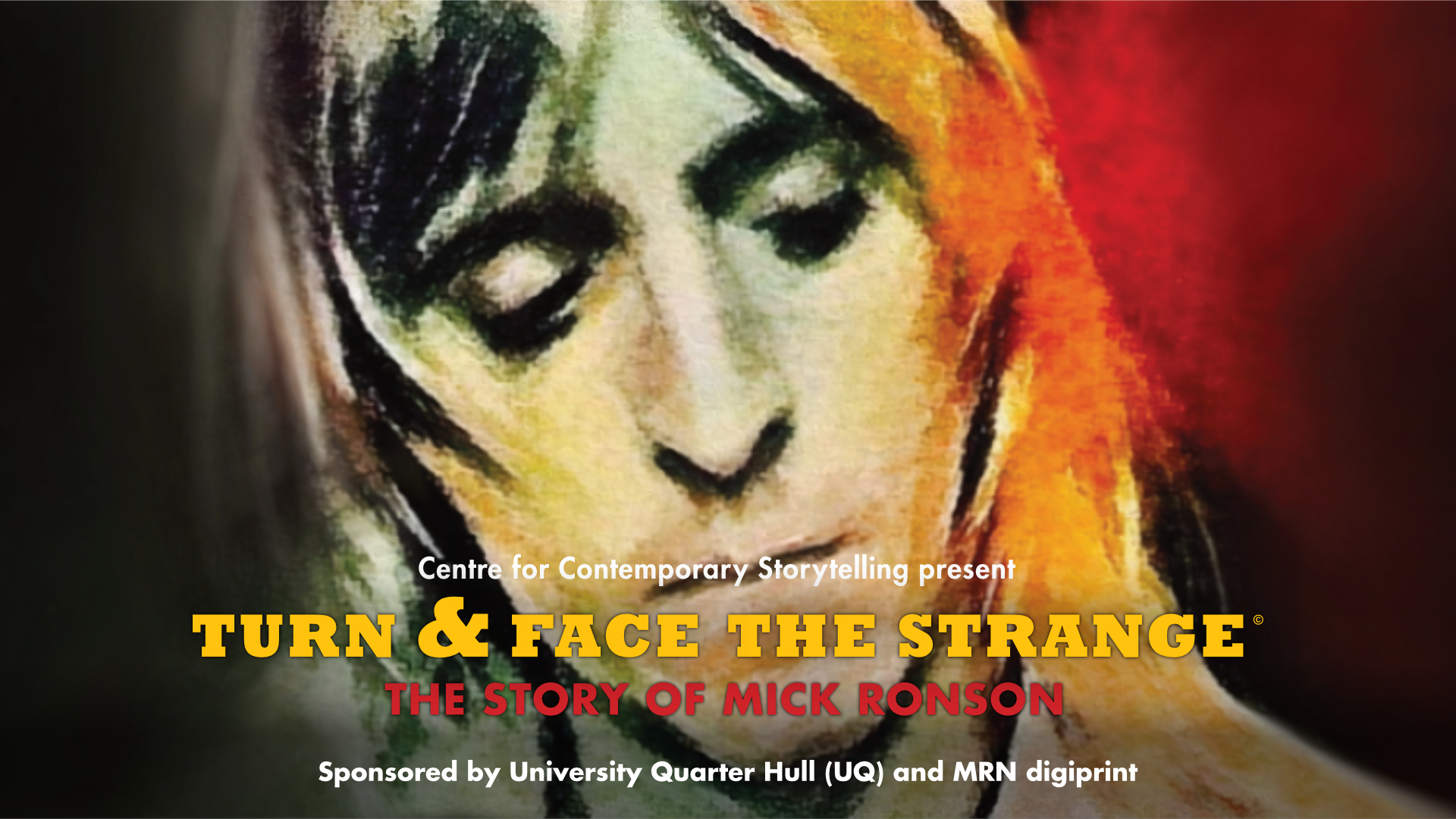 Mick Ronson depicted in a pastel-style drawing with Turn and Face the Strange across the image in yellow.