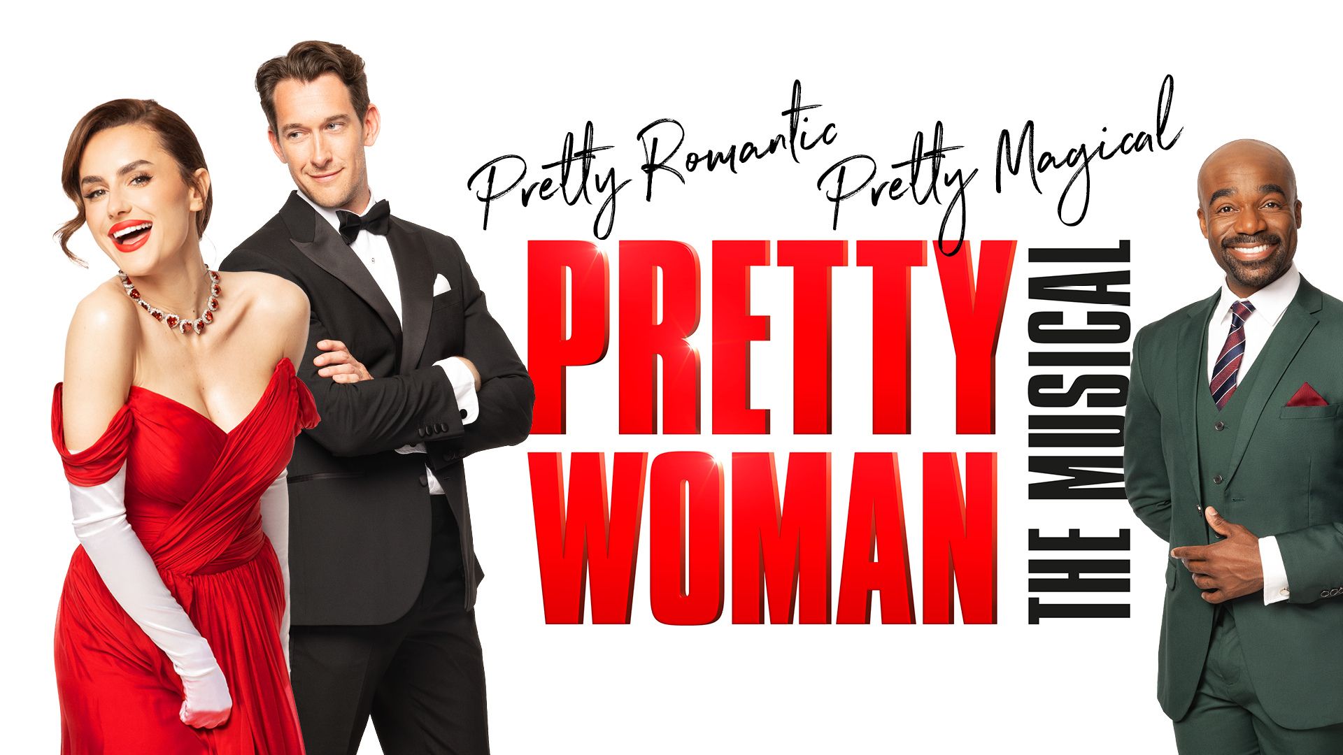 A smartly dressed man looks at a laughing woman in a red dress